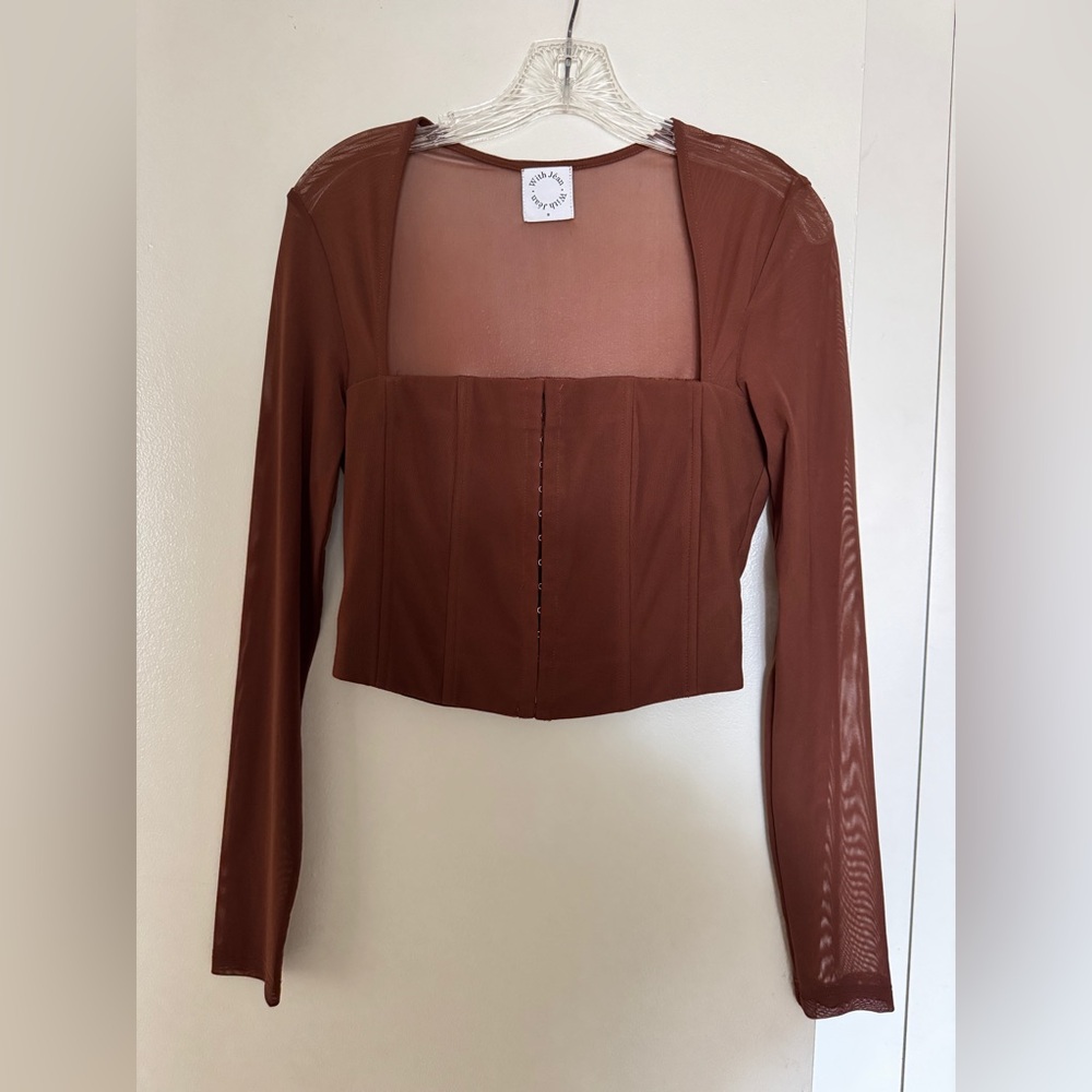 With Jean Brown Long Sleeve Sheer Top